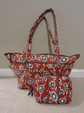Vera Bradley Matching Red Deco Daisy Set: Large Quilted Duffle & Cosmetic Bag